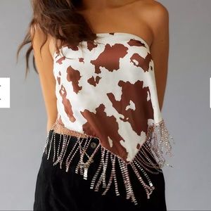 SOLD!! Cowprint Rhinestone Tassel Silky Scarf